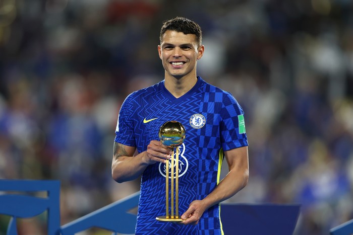 ABU DHABI, UNITED ARAB EMIRATES - FEBRUARY 12: Thiago Silva of Chelsea poses for a photo with the Adidas Golden Ball Award after their sides victory during the FIFA Club World Cup UAE 2021 Final match between Chelsea and Palmeiras at Mohammed Bin Zayed Stadium on February 12, 2022 in Abu Dhabi, United Arab Emirates. (Photo by Francois Nel/Getty Images)