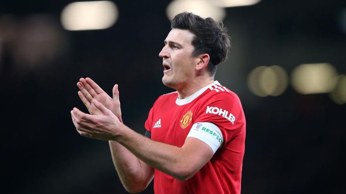 MANCHESTER, ENGLAND - FEBRUARY 04:  Harry Maguire of Manchester United looks on during the Emirates FA Cup Fourth Round match between Manchester United and Middlesbrough at Old Trafford on February 04, 2022 in Manchester, England. (Photo by Alex Livesey/Getty Images)