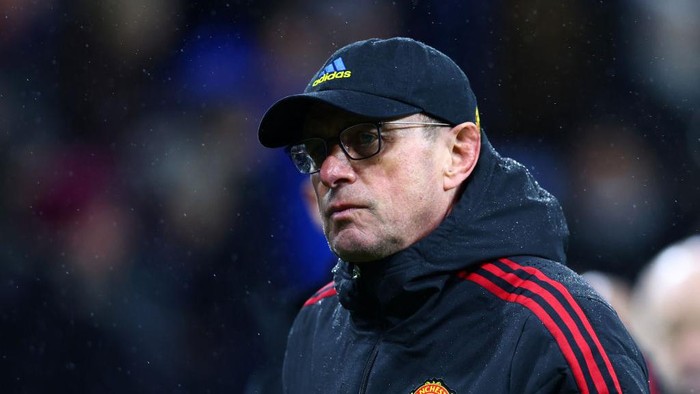 BURNLEY, ENGLAND - FEBRUARY 08: Ralf Rangnick, Interim Manager of Manchester United looks on as he leaves the pitch for the half-time break during the Premier League match between Burnley and Manchester United at Turf Moor on February 08, 2022 in Burnley, England. (Photo by Clive Brunskill/Getty Images)