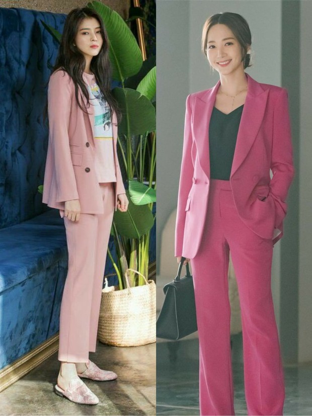 Park Min Young dan Han So Hee terlihat mengenakan setelan blazer berwarna pink.
