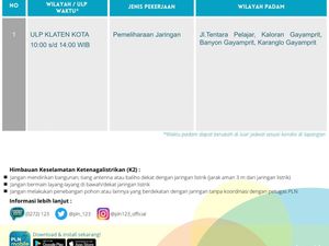 Listrik di Klaten Kota Padam Hari Ini, Simak Jam dan Lokasinya Listrik di Klaten Kota Padam Hari Ini, Simak Jam dan Lokasinya