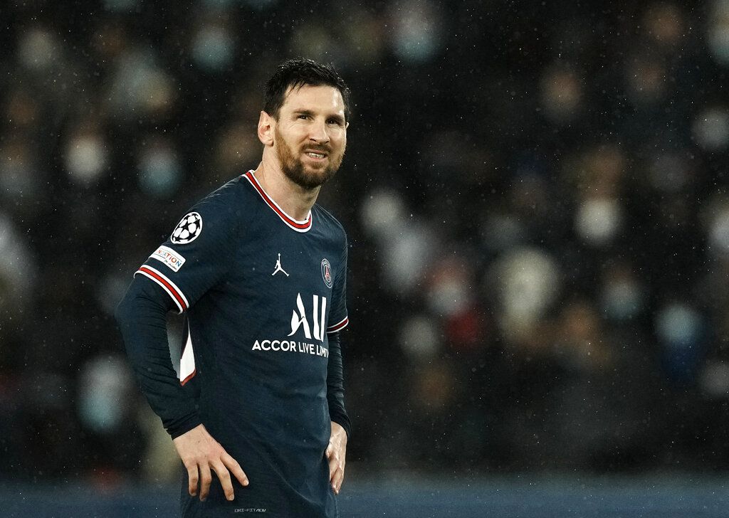 PSG's Lionel Messi reacts during the Champions League, round of 16, first leg soccer match between Paris Saint Germain and Real Madrid at the Parc des Princes stadium, in Paris, France, Tuesday, Feb. 15, 2022. (AP Photo/Thibault Camus)