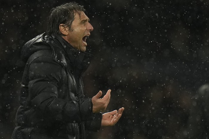 Tottenhams head coach Antonio Conte reacts during the English Premier League soccer match between Tottenham Hotspur and Southampton at the Tottenham Hotspur Stadium in London, Wednesday, Feb. 9, 2022. (AP Photo/Alastair Grant)
