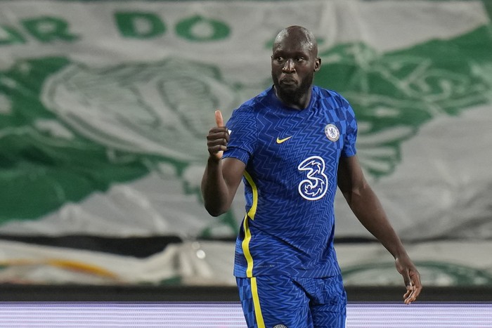 Chelseas Romelu Lukaku celebrates after scoring his sides opening goal during the Club World Cup final soccer match between Palmeiras and Chelsea at Mohammed Bin Zayed Stadium in Abu Dhabi, United Arab Emirates, Saturday, Feb. 12, 2022. (AP Photo/Hassan Ammar)