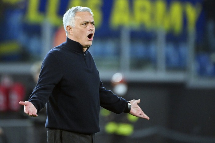 Roma coach Jose Mourinho reacts during the Serie A soccer match between Roma and Hellas Verona at Romes Olympic stadium, Saturday, Feb. 19, 2022. (Alfredo Falcone/LaPresse via AP)