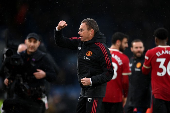 LEEDS, ENGLAND - FEBRUARY 20: Ralf Rangnick, Manager of Manchester United celebrates after victory in the Premier League match between Leeds United and Manchester United at Elland Road on February 20, 2022 in Leeds, England. (Photo by Shaun Botterill/Getty Images)