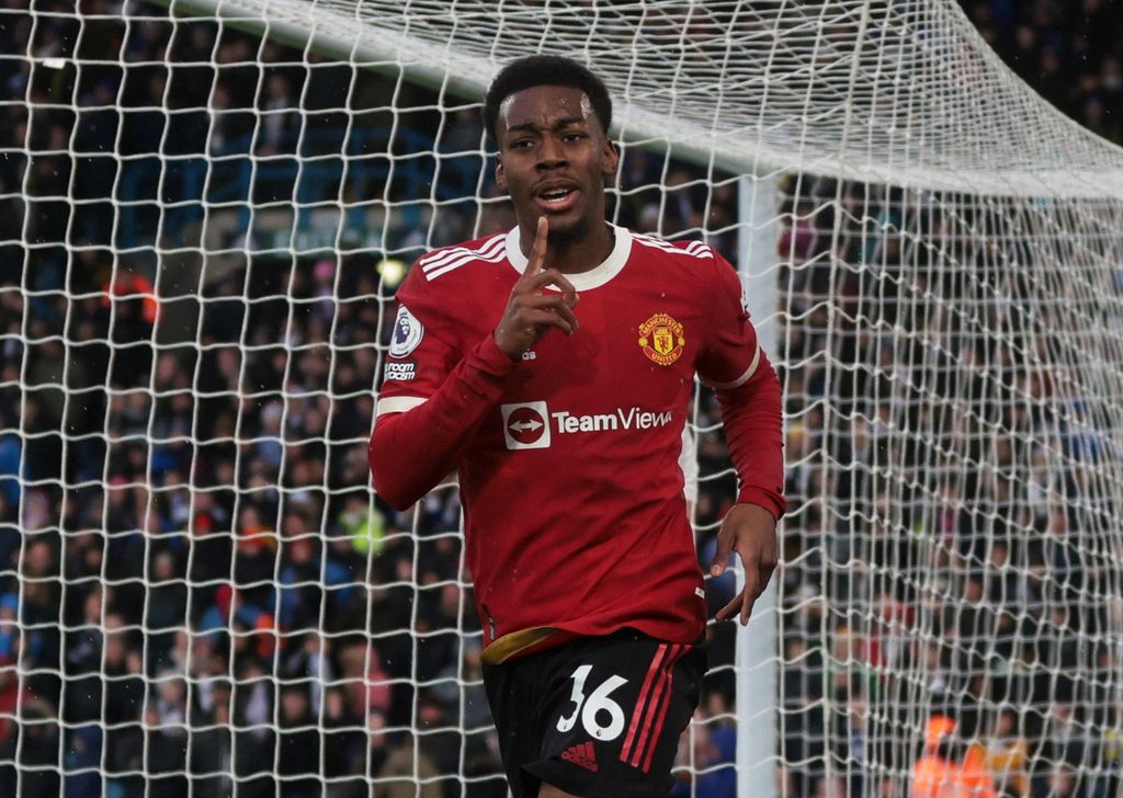 Soccer Football - Premier League - Leeds United v Manchester United - Elland Road, Leeds, Britain - February 20, 2022 Manchester United's Anthony Elanga celebrates scoring their fourth goal Action Images via Reuters/Lee Smith EDITORIAL USE ONLY. No use with unauthorized audio, video, data, fixture lists, club/league logos or 'live' services. Online in-match use limited to 75 images, no video emulation. No use in betting, games or single club /league/player publications.  Please contact your account representative for further details.
