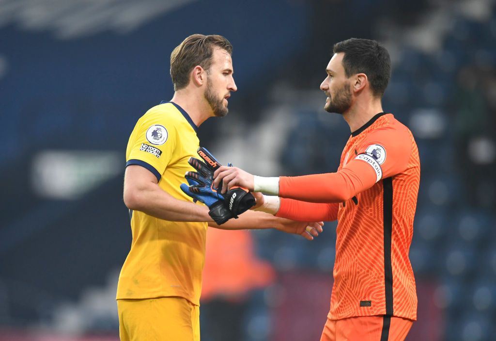 WEST BROMWICH, ENGLAND - NOVEMBER 08: Harry Kane and Hugo Lloris of Tottenham Hotspur embrace at full time after the Premier League match between West Bromwich Albion and Tottenham Hotspur at The Hawthorns on November 08, 2020 in West Bromwich, England. Sporting stadiums around the UK remain under strict restrictions due to the Coronavirus Pandemic as Government social distancing laws prohibit fans inside venues resulting in games being played behind closed doors. (Photo by Peter Powell - Pool/Getty Images)