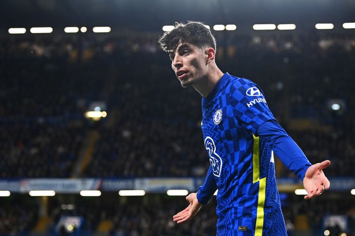 LONDON, ENGLAND - JANUARY 02: Kai Havertz of Chelsea reacts during the Premier League match between Chelsea and Liverpool at Stamford Bridge on January 02, 2022 in London, England. (Photo by Shaun Botterill/Getty Images)