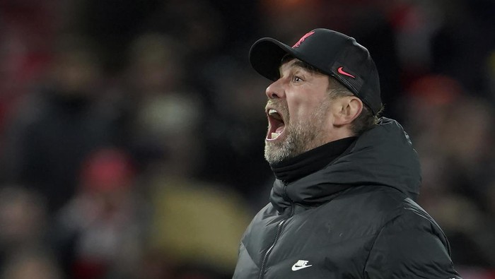 Liverpools manager Jurgen Klopp reacts after the end of the English Premier League soccer match between Liverpool and Leeds United at Anfield stadium in Liverpool, England, Wednesday, Feb. 23, 2022. Liverpool win the game 6-0. (AP Photo/Jon Super)