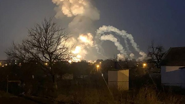 UKRAINE-CRISIS/ View of an explosion, after Russian President Vladimir Putin authorized a military operation in eastern Ukraine, near Dnipro, Ukraine February 24, 2022 in this still image from video obtained by REUTERS ATTENTION EDITORS - THIS IMAGE HAS BEEN SUPPLIED BY A THIRD PARTY. NO RESALES. NO ARCHIVES