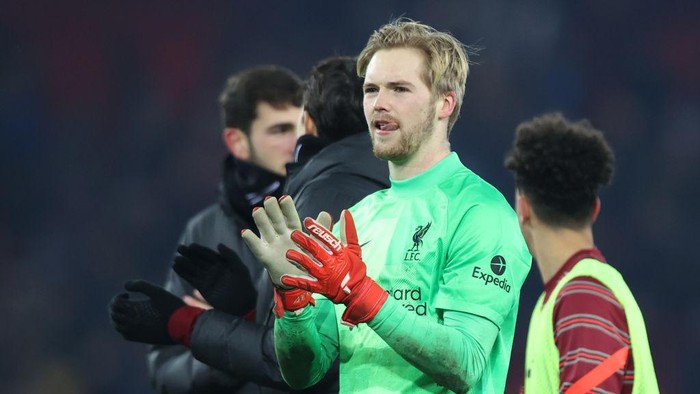 LIVERPOOL, ENGLAND - DECEMBER 22: Goalkeeper, Caoimhin Kelleher of Liverpool celebrates after the Carabao Cup Quarter Final match between Liverpool and Leicester City at Anfield on December 22, 2021 in Liverpool, England. (Photo by Naomi Baker/Getty Images)