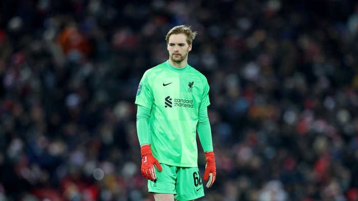 LIVERPOOL, ENGLAND - DECEMBER 22: Caoimhin Kelleher of Liverpool looks on during the Carabao Cup Quarter Final match between  Liverpool and Leicester City at Anfield on December 22, 2021 in Liverpool, England. (Photo by Naomi Baker/Getty Images)