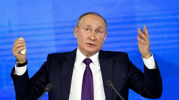 Russian President Vladimir Putin at his annual news conference in Moscow, Russia, Thursday, Dec. 23, 2021. Putin has urged the West to 