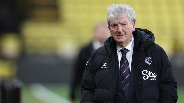 WATFORD, ENGLAND - FEBRUARY 12: Roy Hodgson the manager of Watford during the Premier League match between Watford and Brighton & Hove Albion at Vicarage Road on February 12, 2022 in Watford, England. (Photo by Mark Thompson/Getty Images)