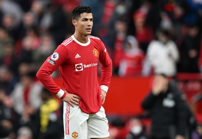 MANCHESTER, ENGLAND - FEBRUARY 26: Cristiano Ronaldo of Manchester United reacts after the Premier League match between Manchester United and Watford at Old Trafford on February 26, 2022 in Manchester, England. (Photo by Nathan Stirk/Getty Images)