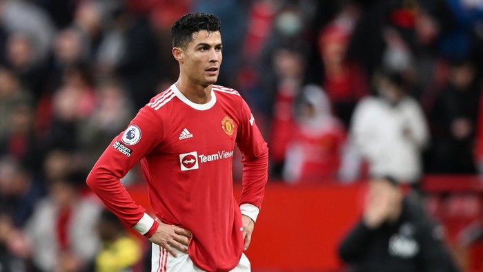 MANCHESTER, ENGLAND - FEBRUARY 26: Cristiano Ronaldo of Manchester United reacts after the Premier League match between Manchester United and Watford at Old Trafford on February 26, 2022 in Manchester, England. (Photo by Nathan Stirk/Getty Images)