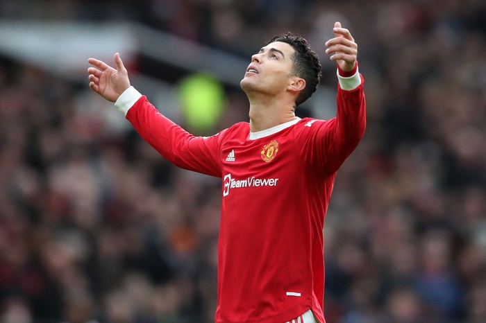 Cristiano Ronalo, Manchester United MANCHESTER, ENGLAND - FEBRUARY 26: Cristiano Ronaldo of Manchester United reacts during the Premier League match between Manchester United and Watford at Old Trafford on February 26, 2022 in Manchester, England. (Photo by Jan Kruger/Getty Images)