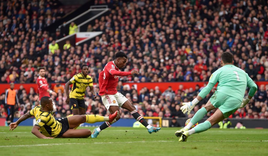 MANCHESTER, ENGLAND - FEBRUARY 26: Cristiano Ronaldo of Manchester United reacts during the Premier League match between Manchester United and Watford at Old Trafford on February 26, 2022 in Manchester, England. (Photo by Jan Kruger/Getty Images)