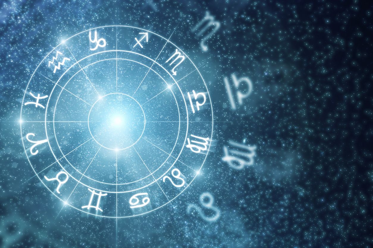 Creative glowing astrologic zodiac horoscope wallpaper. Astrology concept. 3D Rendering