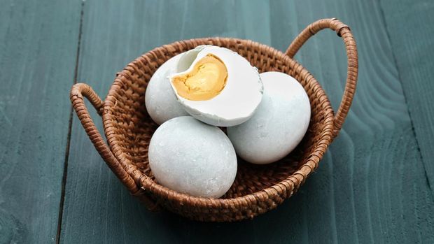 Telur asin or Salted egg. Homemade salted eggs made from duck eggs.