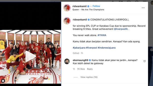 Ridwan Kamil Ucapkan Selamat kepada Liverpool
