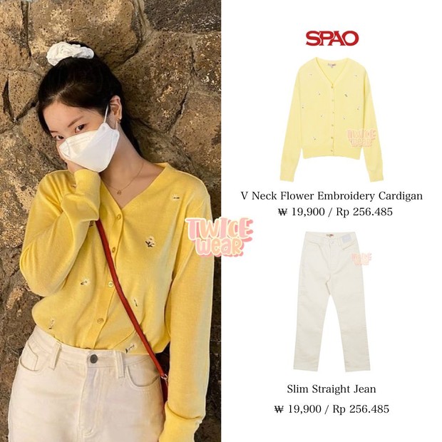 Dahyun mengenakansweater berwarna kuning cerah dari Spao dengan harga 200 ribuan saja.