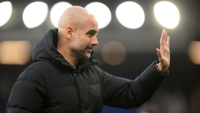 LIVERPOOL, ENGLAND - FEBRUARY 26: Pep Guardiola, Manager of Manchester City looks on prior to the Premier League match between Everton and Manchester City at Goodison Park on February 26, 2022 in Liverpool, England. (Photo by Michael Regan/Getty Images)