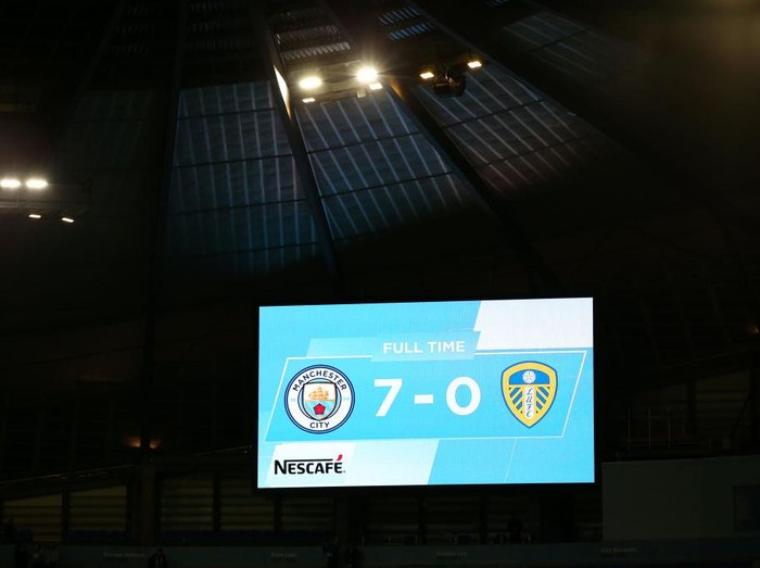 MANCHESTER, ENGLAND - DECEMBER 14: A general view inside the stadium as the LED screen displays the score line as 7-0 during the Premier League match between Manchester City and Leeds United at Etihad Stadium on December 14, 2021 in Manchester, England. (Photo by Alex Livesey/Getty Images)