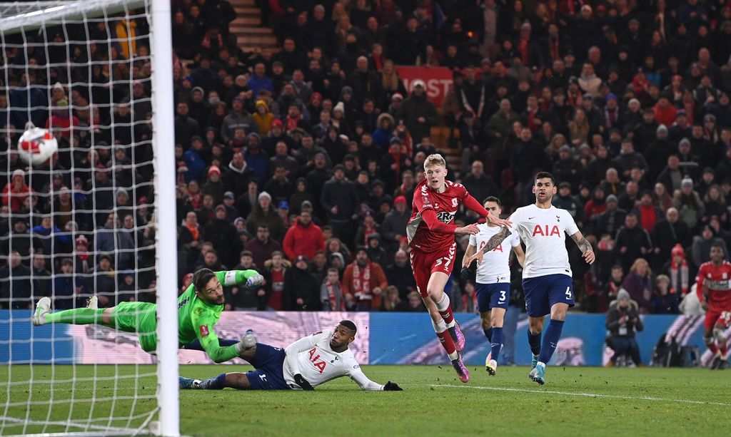 MIDDLESBROUGH, ENGLAND - MARCH 01: Josh Coburn of Middlesbrough scores the first goal during the Emirates FA Cup Fifth Round match between Middlesbrough and Tottenham Hotspur at Riverside Stadium on March 01, 2022 in Middlesbrough, England. (Photo by Stu Forster/Getty Images)