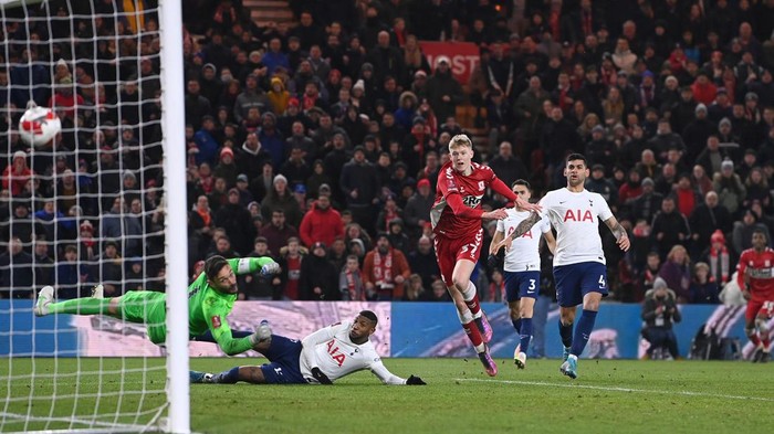 MIDDLESBROUGH, ENGLAND - MARCH 01: Josh Coburn of Middlesbrough scores the first goal during the Emirates FA Cup Fifth Round match between Middlesbrough and Tottenham Hotspur at Riverside Stadium on March 01, 2022 in Middlesbrough, England. (Photo by Stu Forster/Getty Images)