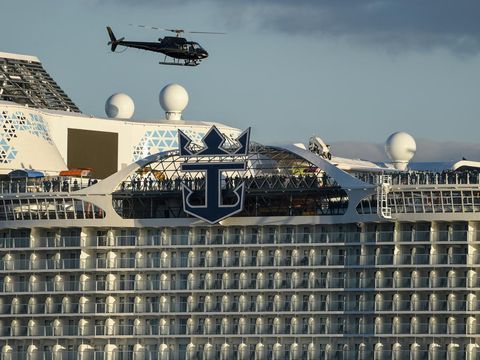 This photograph taken on November 5, 2021 shows American operator Royal Caribbean Cruise ship (RCCL) new cruise ship 
