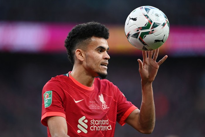 LONDON, ENGLAND - FEBRUARY 27: Luis Diaz of Liverpool reacts during the Carabao Cup Final match between Chelsea and Liverpool at Wembley Stadium on February 27, 2022 in London, England. (Photo by Michael Regan/Getty Images)