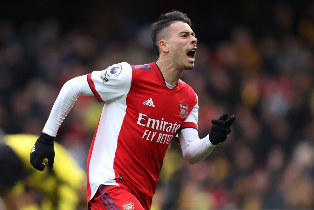 WATFORD, ENGLAND - MARCH 06: Bukayo Saka of Arsenal celebrates after scoring their sides second goal during the Premier League match between Watford and Arsenal at Vicarage Road on March 06, 2022 in Watford, England. (Photo by Alex Pantling/Getty Images)
