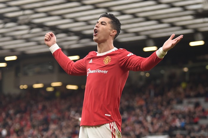 MANCHESTER, ENGLAND - FEBRUARY 26: Cristiano Ronaldo of Manchester United reacts during the Premier League match between Manchester United and Watford at Old Trafford on February 26, 2022 in Manchester, England. (Photo by Nathan Stirk/Getty Images)