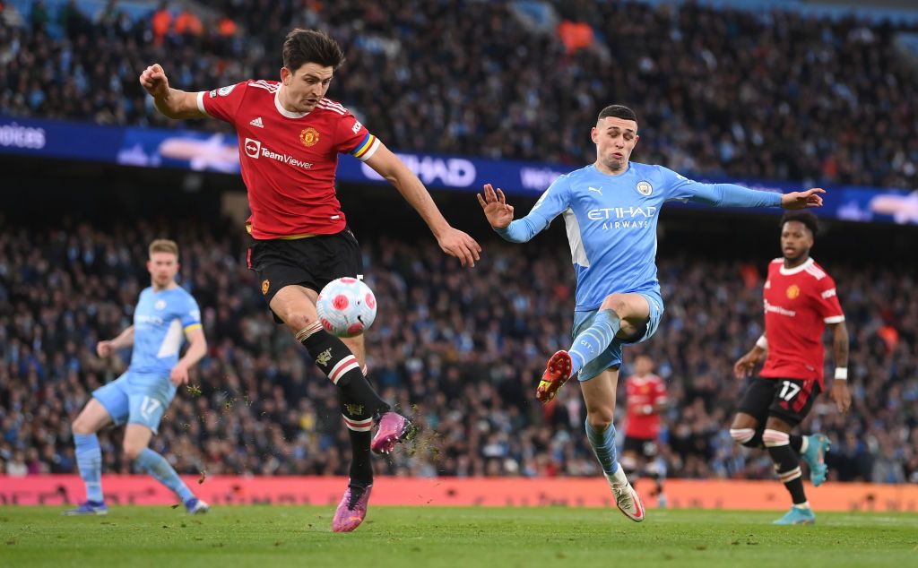 MANCHESTER, ENGLAND - MARCH 06: Harry Maguire of Manchester United looks dejected during the Premier League match between Manchester City and Manchester United at Etihad Stadium on March 06, 2022 in Manchester, England. (Photo by Michael Regan/Getty Images)