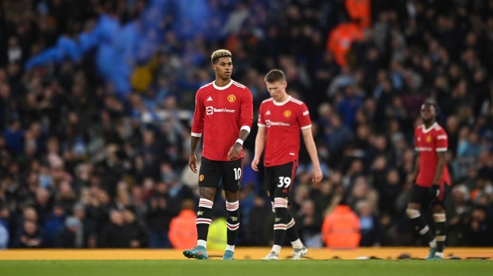 MANCHESTER, ENGLAND - MARCH 06: Marcus Rashford of Manchester United looks dejected after Riyad Mahrez of Manchester City scores their sides third goal during the Premier League match between Manchester City and Manchester United at Etihad Stadium on March 06, 2022 in Manchester, England. (Photo by Michael Regan/Getty Images)