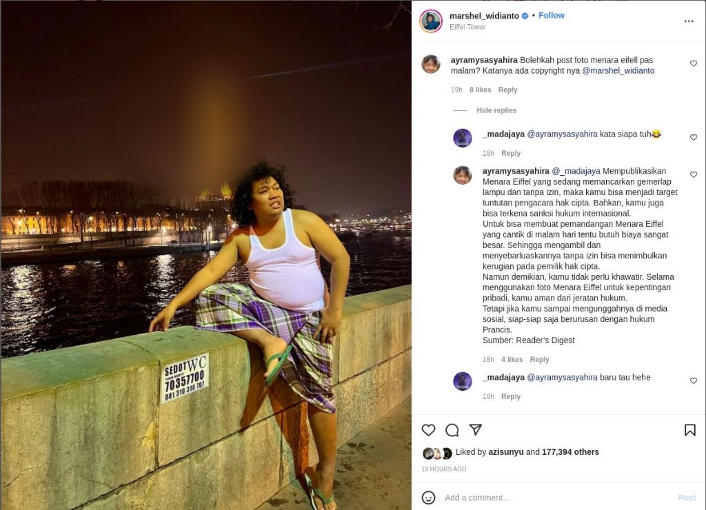 Foto Marshel Widianto di depan Menara Eiffel yang berpotensi membuatnya terkena sanksi hukum.