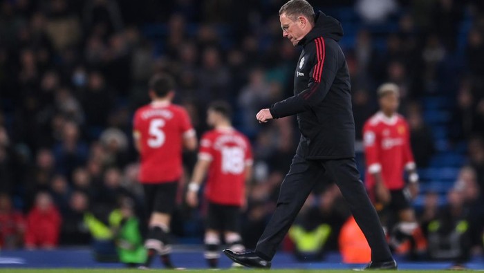 MANCHESTER, ENGLAND - MARCH 06: Ralf Rangnick, Manager of Manchester United looks dejected following their sides defeat after the Premier League match between Manchester City and Manchester United at Etihad Stadium on March 06, 2022 in Manchester, England. (Photo by Laurence Griffiths/Getty Images)