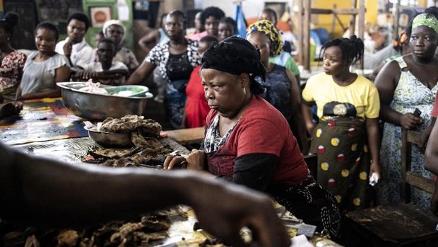 A woman reacts as members of Confiscation and Anti-smuggling unit of the Forestry Development Authority(FDA) confiscate illegal bush meat at a market in Monrovia on November 17, 2021. - Pangolins, scale-covered insect-eating mammals that are typically the size of a full-grown cat, are mostly active at night, snuffling through deadwood for ants and termites.The species is under increasing threat worldwide, but remains a delicacy in the impoverished West African country. (Photo by JOHN WESSELS / AFP)
