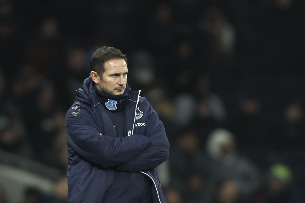Everton's head coach Frank Lampard watches play during the English Premier League soccer match between Tottenham Hotspur and Everton at Tottenham Hotspur Stadium in London, Monday, March 7, 2022. (AP Photo/Ian Walton)