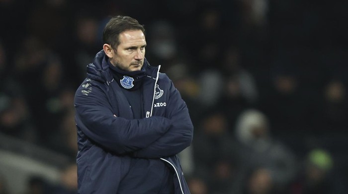 Evertons head coach Frank Lampard watches play during the English Premier League soccer match between Tottenham Hotspur and Everton at Tottenham Hotspur Stadium in London, Monday, March 7, 2022. (AP Photo/Ian Walton)