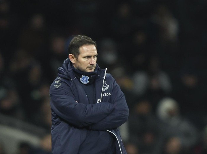Everton's head coach Frank Lampard watches play during the English Premier League soccer match between Tottenham Hotspur and Everton at Tottenham Hotspur Stadium in London, Monday, March 7, 2022. (AP Photo/Ian Walton)
