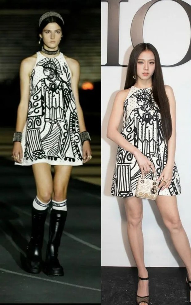 A Line dress saat Paris FAshion Week 2022/instagram.com/fyi.korea Dress dengan motif dewi Yunani kuno yang dikenakan Jisoo pada Paris Fashion Week.