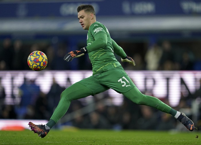 Manchester Citys goalkeeper Ederson kicks the ball during the English Premier League soccer match between Everton and Manchester City at Goodison Park in Liverpool, England, Saturday, Feb. 26, 2022. (AP Photo/Jon Super)