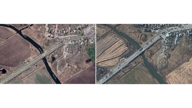 Photo Combo before after invasion Russia. A satellite image shows a damaged bridge and destroyed armored vehicles at Irpin, northwest Kyiv, Ukraine, February 28, 2022. (Google Street and Maxar Technologies/Handout via REUTERS)