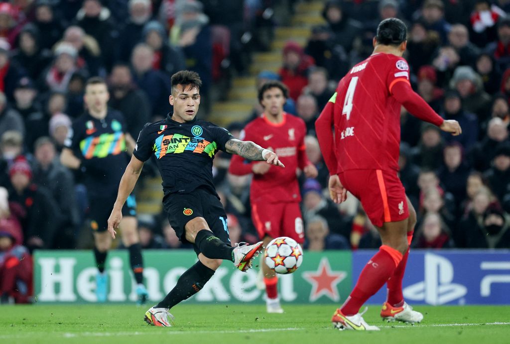 Soccer Football - Champions League - Round of 16 Second Leg - Liverpool v Inter Milan - Anfield, Liverpool, Britain - March 8, 2022 Inter Milan's Lautaro Martinez scores their first goal Action Images via Reuters/Carl Recine