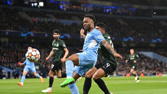MANCHESTER, ENGLAND - MARCH 09: Raheem Sterling of Manchester City looks to control the ball during the UEFA Champions League Round Of Sixteen Leg Two match between Manchester City and Sporting CP at City of Manchester Stadium on March 09, 2022 in Manchester, England. (Photo by Shaun Botterill/Getty Images)