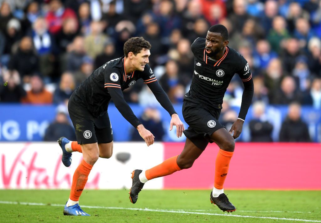 LEICESTER, ENGLAND - FEBRUARY 01: Antonio Rudiger of Chelsea celebrates with Andreas Christensen after scoring his team's second goal  during the Premier League match between Leicester City and Chelsea FC at The King Power Stadium on February 01, 2020 in Leicester, United Kingdom. (Photo by Michael Regan/Getty Images)
