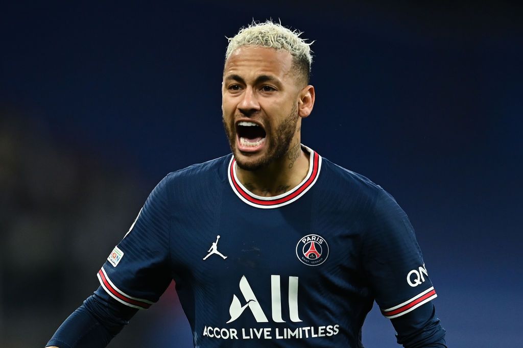 MADRID, SPAIN - MARCH 09: Neymar of Paris Saint-Germain looks on during the UEFA Champions League Round Of Sixteen Leg Two match between Real Madrid and Paris Saint-Germain at Estadio Santiago Bernabeu on March 09, 2022 in Madrid, Spain. (Photo by David Ramos/Getty Images)